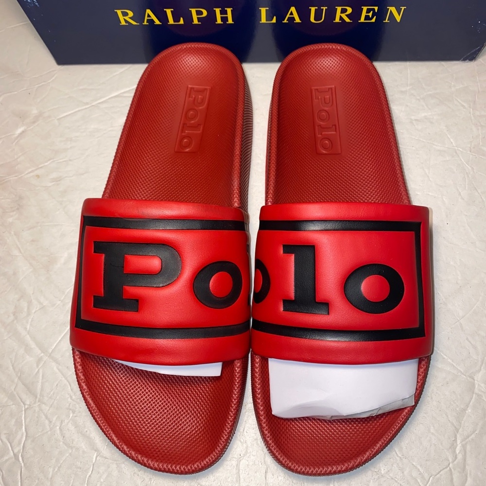 POLO RALPH LAUREN CAYSON RED &  BLACK POLO LOGO Slide Sandals Men Size 8